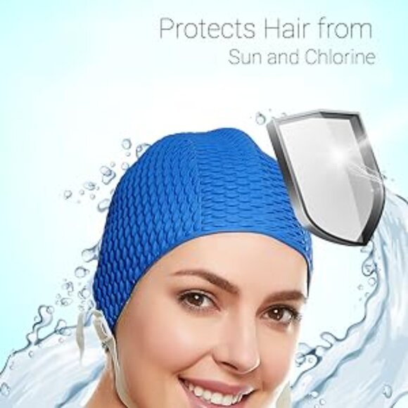 Beemo Swim Cap Women Chin Strap Bubble Crepe Latex Long Short Hair - Lavender - Picture 3 of 6